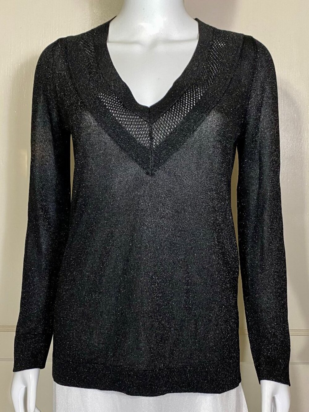 MISSONI Italy Black Metallic Sheer Shimmer V Neck Long Sleeve Sweater 42 6 $795